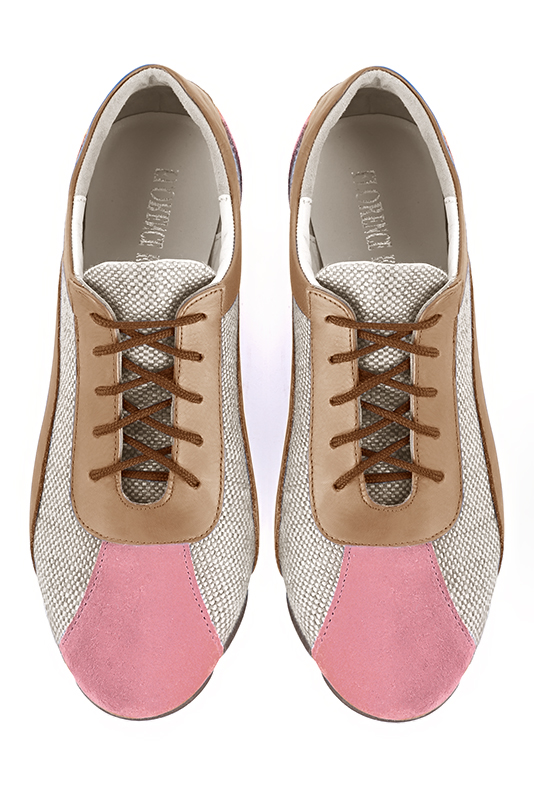 Carnation pink and natural beige women's three-tone elegant sneakers. Round toe. Flat rubber soles. Top view - Florence KOOIJMAN